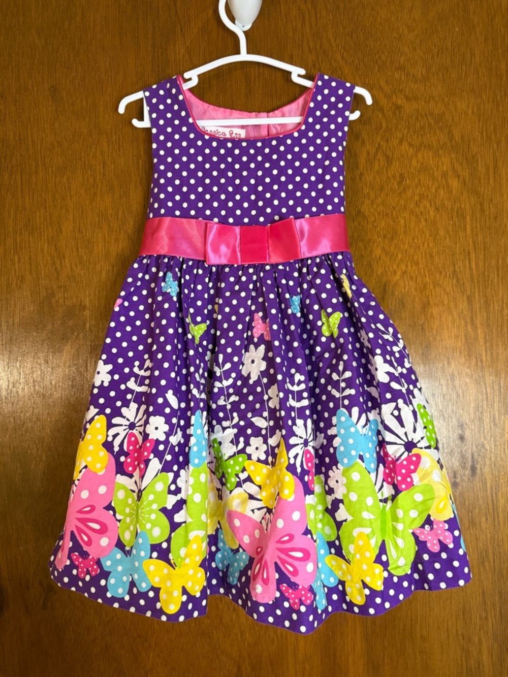 Jessica Ann Purple Polka Dot Butterfly Dress with Pink Sash